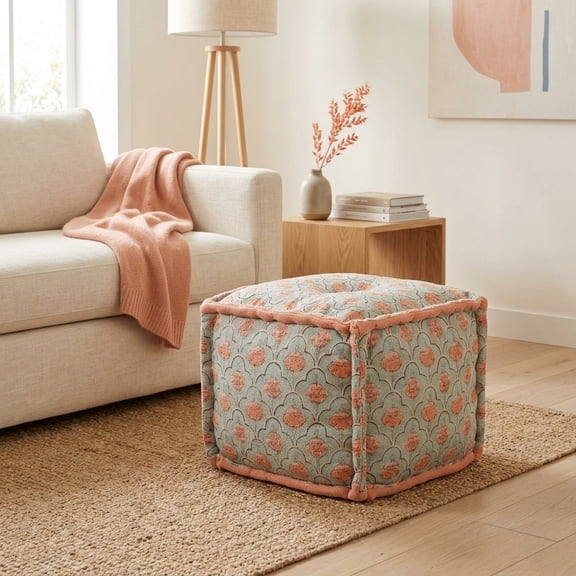 MMGW Floral Print Cube Ottoman, Handmade, Boho