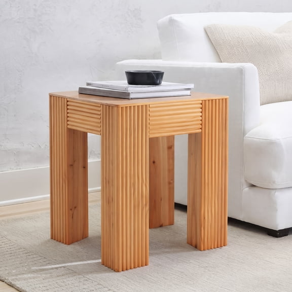 MMGW Fluted Side Table with Elephant-Leg Design, Natural Pine Wood