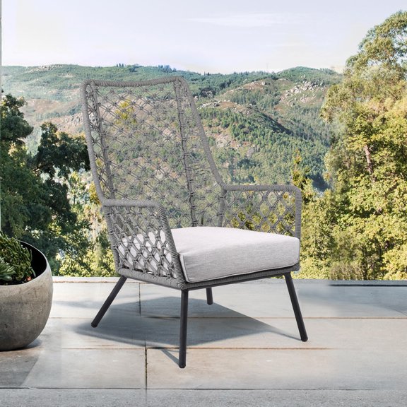 MMGW Indoor/Outdoor Steel Lounge Chair, Gray Rope, Gray Cushion