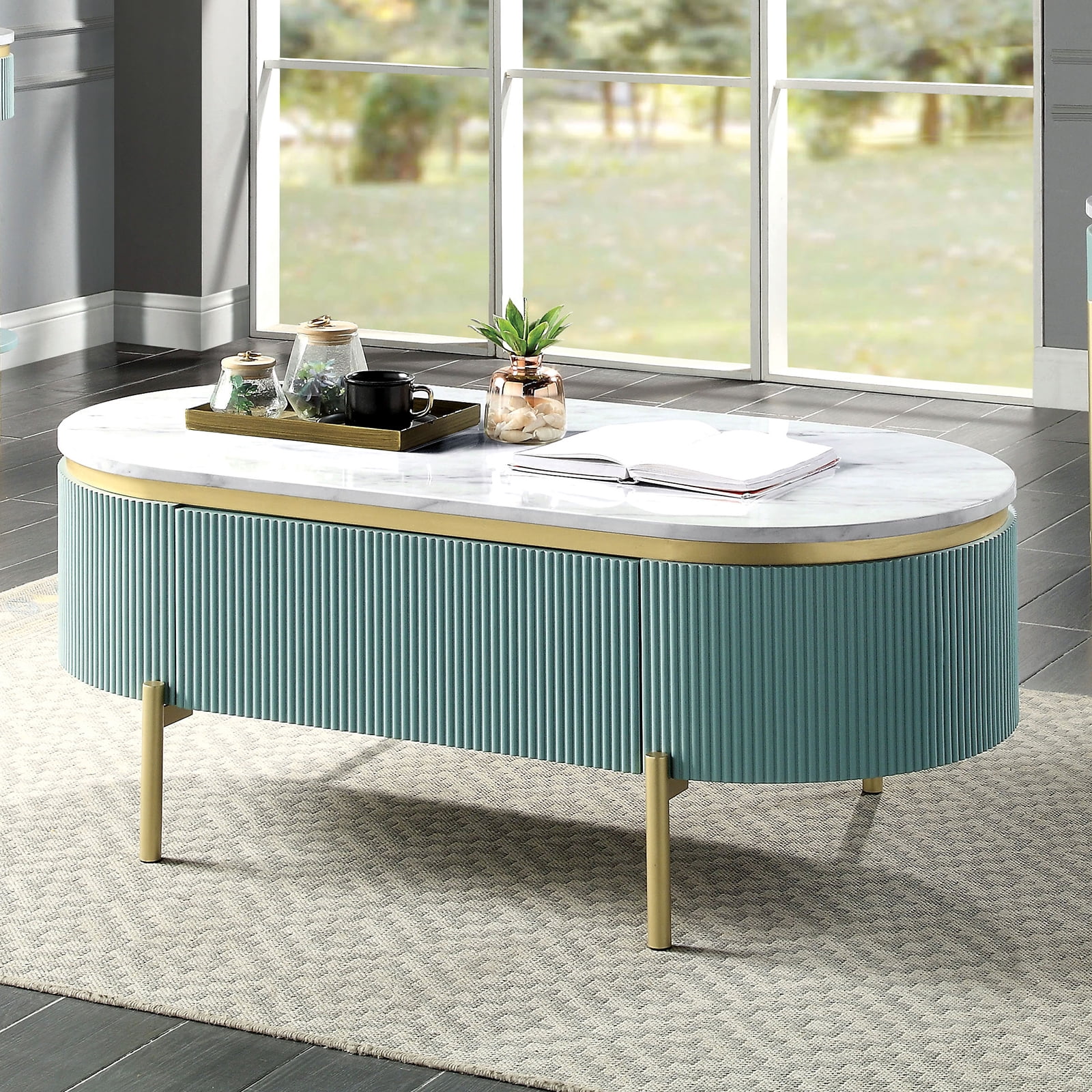 Table Light Man MMGW Light Teal Coffee Table with White Faux Marble Top, Drawer ...
