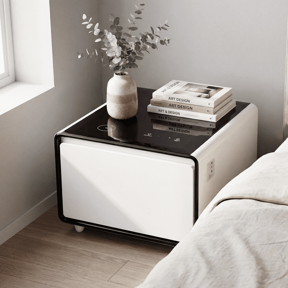 MMGW Modern Smart Side Table with Fridge, Wireless Charging, USB Ports, White