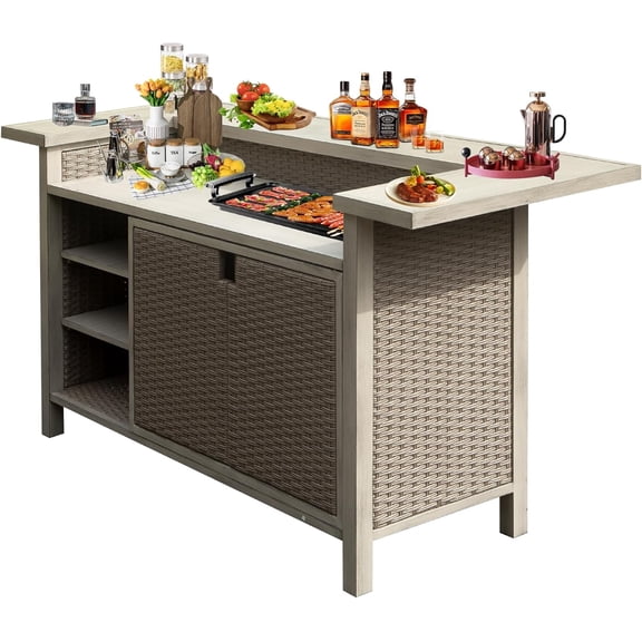 MMGW Outdoor Patio Bar Table with Aluminum PE Wicker and Cabinet, Wood Grain