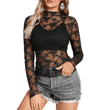 MINTREUS Lace Top with Long Sleeves Stand Collar Embroidered Floral Design Ideal for Parties and Clubs xs-xxl