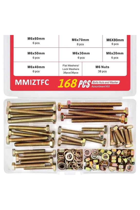 168Pcs M6 Hex Head Screws Bolts and Nuts Flat & Lock Washers Assortment Kit 20mm 30mm 40mm 50mm 60mm 70mm 80mm, Grade 8.8