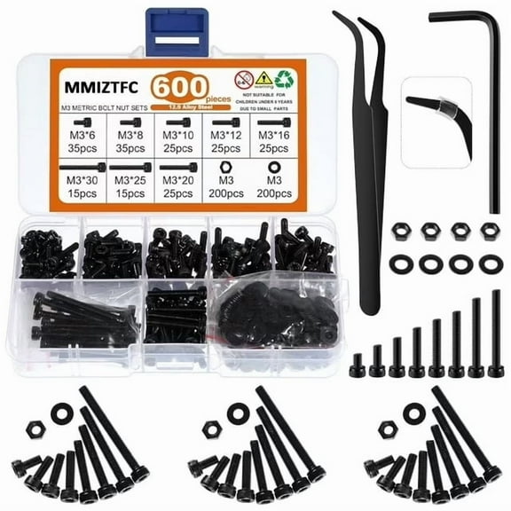 MMIZTFC 600 Pcs M3 Screws Assortment Kit, M3x 6/8/10/12/16/20/25/30mm Black Zinc Plated Hex Socket Head Screws Nuts Bolts and Washers Set