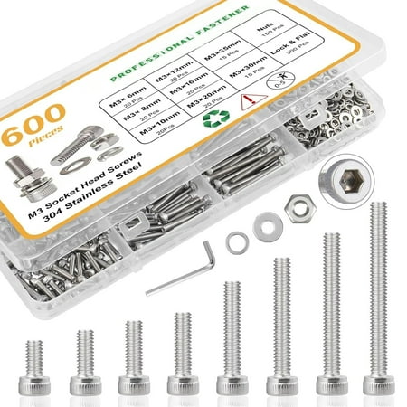 MMIZTFC 600pcs M3 Screw Assortment Kit, M3 x 6/8/10/12/16/20/25/30mm, Hex Socket Head Cap Screws Bolts Nuts Washer Kit for 3D Printer DIY, 304 Stainless Steel