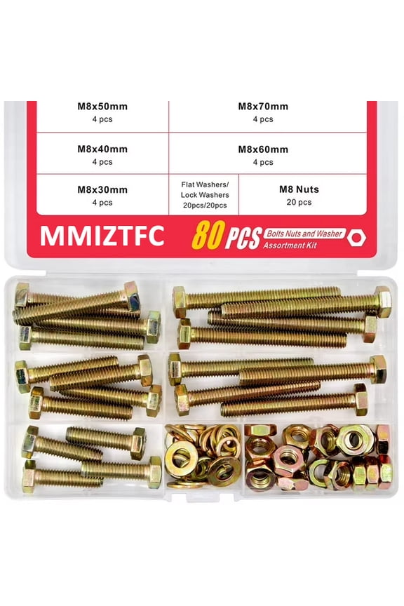 80Pcs Grade 8.8 M8 Hex Head Screws Bolts and Nuts Flat & Lock Washers Assortment Kit 30mm 40mm 50mm 60mm 70mm