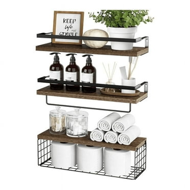 MMIZTFC Float Shelf for Bathroom with Storage Basket,16x6 Inch Bathroom Wall Shelf Set of 3 (Brown)
