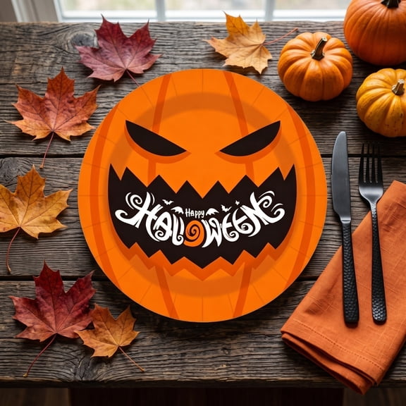 MMJ 10 Pack Halloween Disposable Paper Plates Jack O Lantern Face Round Heavy Duty for Party Dinner Tableware 9.06in