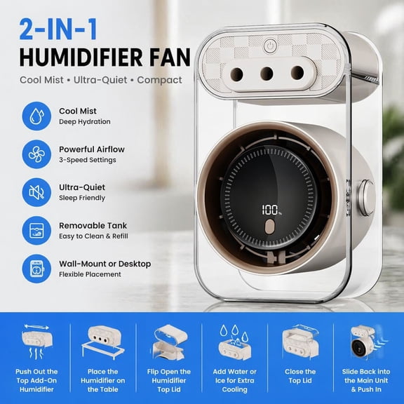 MMJ 2-in-1 Humidifier Fan USB Portable Desk Mini Mist Sprayer 3 Hole Office Bedroom Table Quiet Personal Air Cooler