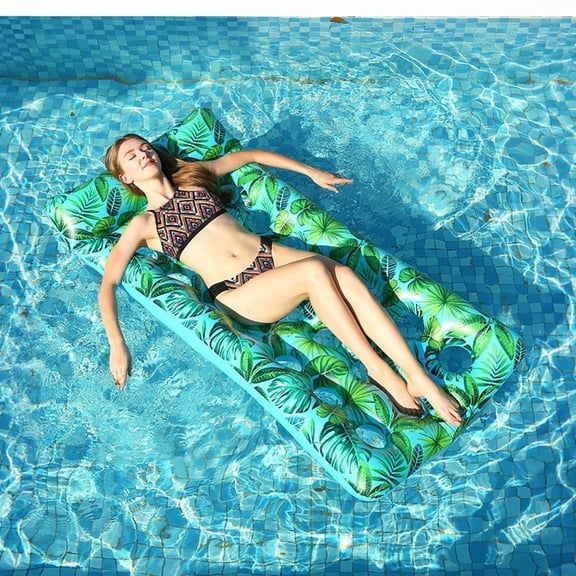 MMJ 21-Hole Water Lounger Inflatable Floating Bed Tropical Leaf Print Adult Pool Lake Beach Relaxation Float Mat