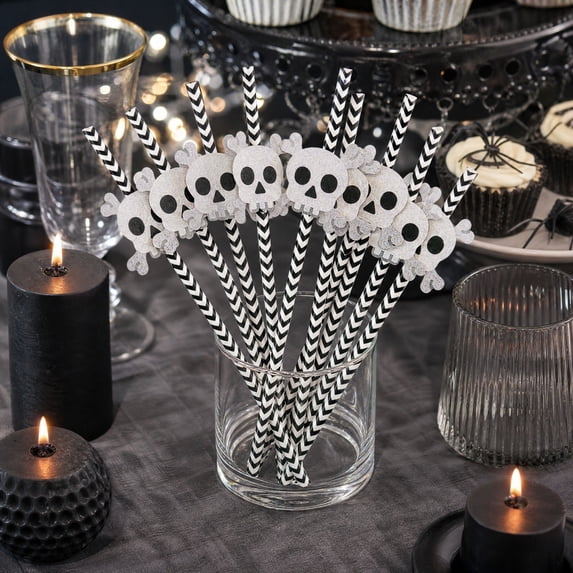 MMJ 24 Pack Halloween Disposable Straws 6 Styles Witch Hat Skull Pumpkin Decor Paper for Drink Cocktail Party Supplies 7.68in