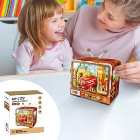 MMJ 3D Wooden Puzzle TV Model Building Kit with LED Light Architectural Assembly Game Home Desk Decor Gift