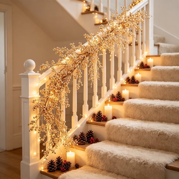 MMJ 4.92FT Christmas Garland with Gold Berry Beads, Flexible Artificial Garland for Mantel Fireplace Tree Christmas Decor