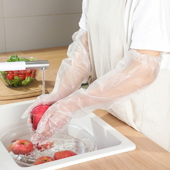 MMJ 5 Pairs Disposable Gloves Extra Long Clear Plastic Food Grade Powder Free Kitchen Cooking Cleaning Hair Coloring
