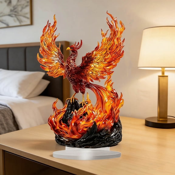 MMJ Acrylic Phoenix Figurine Tabletop Ornament Rising Flame Wing Mythical Bird Sculpture Home Office Decor