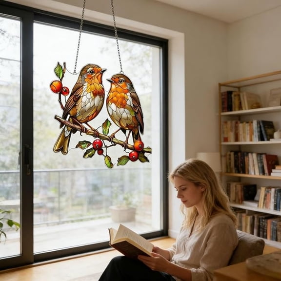 MMJ Acrylic Suncatcher Stained Glass Bird Robin Red Berries Window Hanging Garden Patio Home Decor Ornament