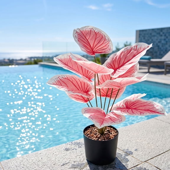 MMJ Artificial Caladium Plant Faux Pink White Gradient Leaves Potted Tropical 24in Outdoor Garden Patio Poolside Decor No Maintenance