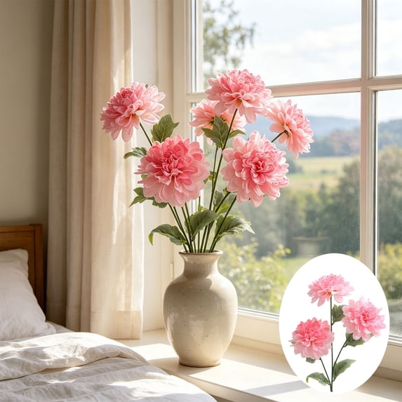 MMJ Artificial Flowers 3 Heads Large Dahlia Silk Bloom Faux Peony Stem for Home Dining Table Wedding Hotel Decor 25.19in