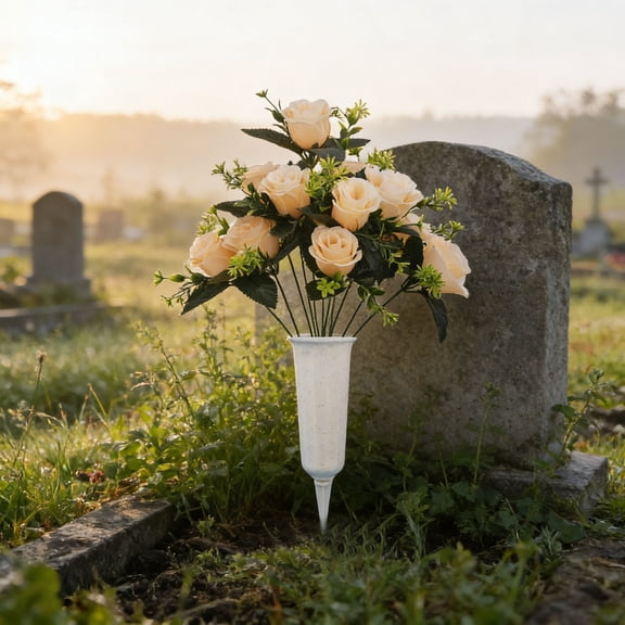 MMJ Artificial Flowers Bouquet Peony Rose Grave Cemetery Memorial Decoration Outdoor Fade Resistant 11.81in