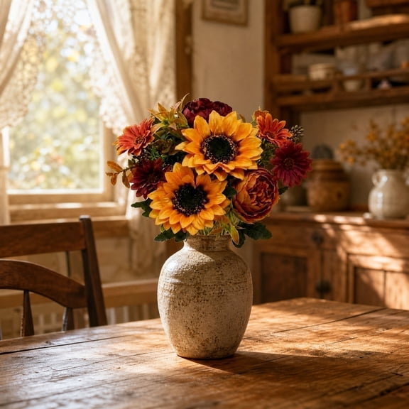 MMJ Artificial Flowers Sunflower Fall Bouquet Rose Autumn Floral Thanksgiving Decor 13.38x5.90in