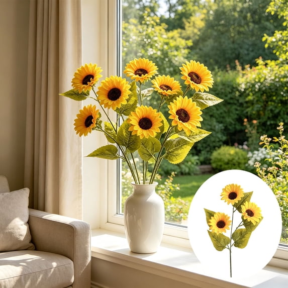 MMJ Artificial Flowers Sunflower Silk Bouquet Faux Yellow Bloom Stem for Living Room Office Floor Vase Farmhouse Decor