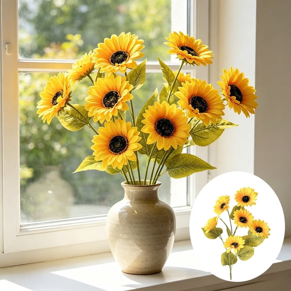 MMJ Artificial Flowers Sunflower Silk Bouquet Faux Yellow Bloom Stem for Living Room Office Floor Vase Farmhouse Decor