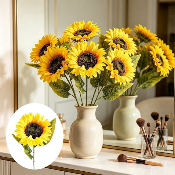 MMJ Artificial Flowers Sunflower Silk Bouquet Faux Yellow Bloom Stem for Living Room Office Floor Vase Farmhouse Decor