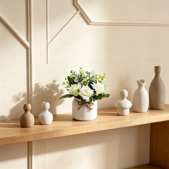 MMJ Artificial Rose Bonsai Potted Mini Plant Desktop Table Home Office Decor 7.09x3.94x3.94in