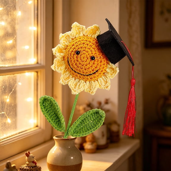 MMJ Artificial Sunflower Handmade Crochet Smiling Face with Graduation Cap Tassel Keepsake Gift for Students Classmates Graduation Ceremony