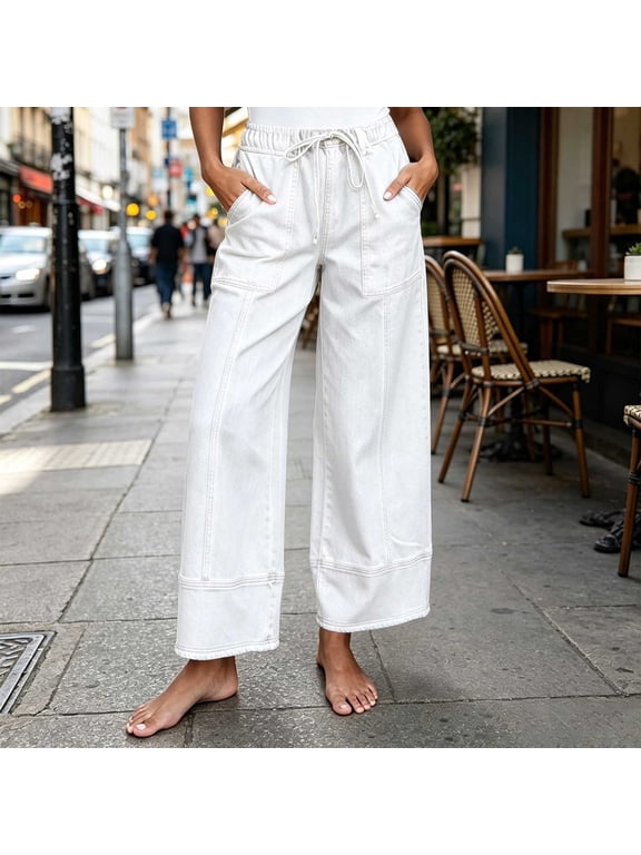 Barrel Jeans for Women Wide Leg High Waist Drawstring Elastic Waist with Pockets Loose Fit Cuffed Hem Paneled Casual Denim Pants Full Length Comfortable