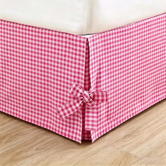 MMJ Bed Skirt Lace Up Single Piece Checkered Dustproof for Box Spring Bed Cover Apron