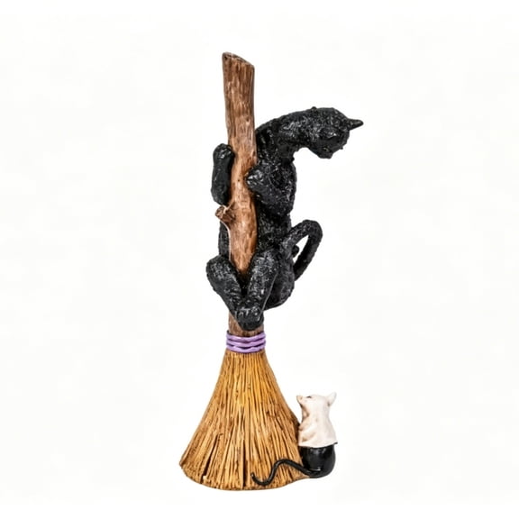 MMJ Broom Riding Cat Figurine Resin Desktop Statue Mini Ghost Mouse Decor Indoor
