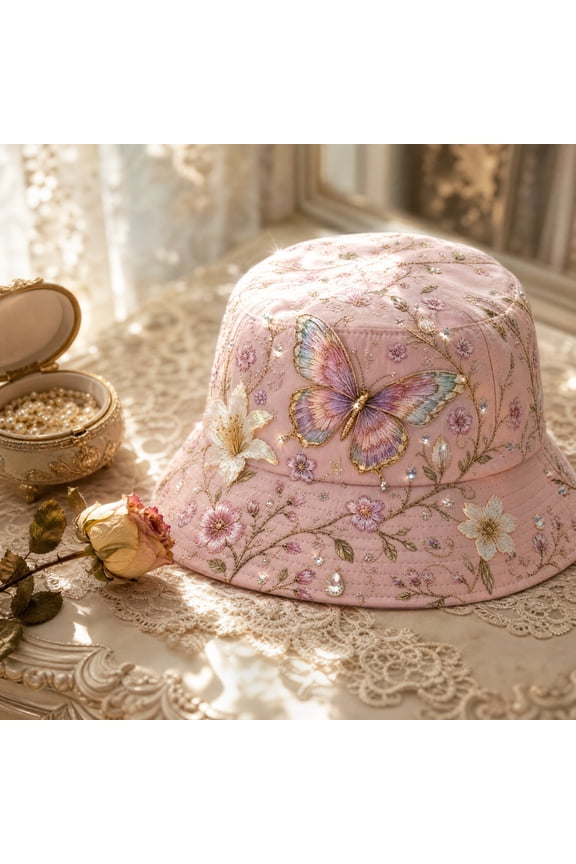 Bucket Hat Women Butterfly Garden Sunrise Floral Print Embroidery Rhinestone Sun Protection Fisherman Cap Outdoor