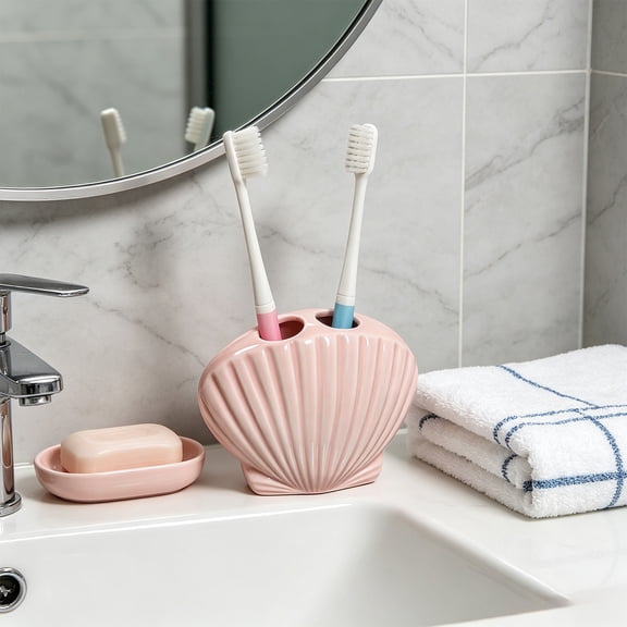 MMJ Ceramic Shell Toothbrush Holder 4.57x2.36x3.7in No Drill Bathroom Storage Rack Sink Decor