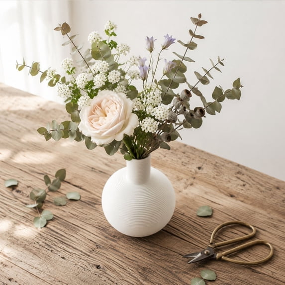 MMJ Ceramic Vase Spherical Matte Texture Ribbed Neutral Tone for Home Tabletop Shelf Decor Flower 5.12x3.94in