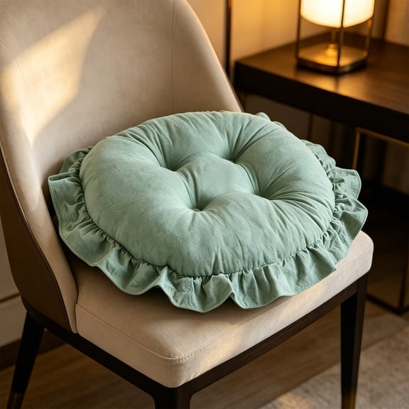 MMJ Chair Cushions Ruffled Border Round Tufted Seat Pad Non Slip Soft Cotton 15.75x15.75in Cozy Kitchen Dining Chair Decor Washable Beige