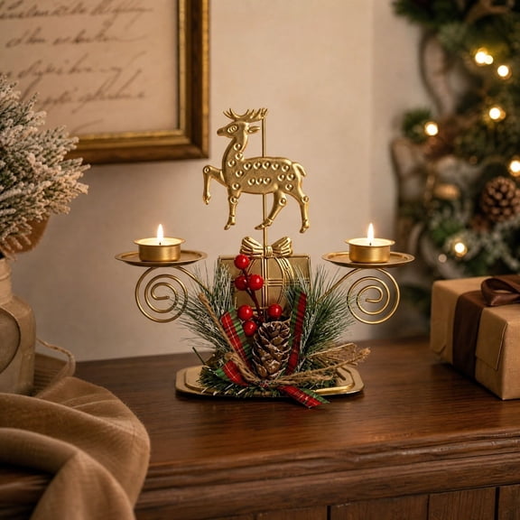 MMJ Christmas Candle Holder Iron Double Candlestick Stand for Dining Table Mantel Christmas Decorations