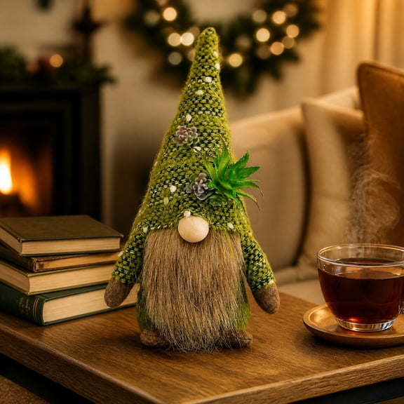 MMJ Christmas Decorations Knitted Faceless Gnome Doll with Plant Ornament Green Rudolph Figurine for Home Shelf Tabletop Holiday Decor 11.42x3.15x2.36in