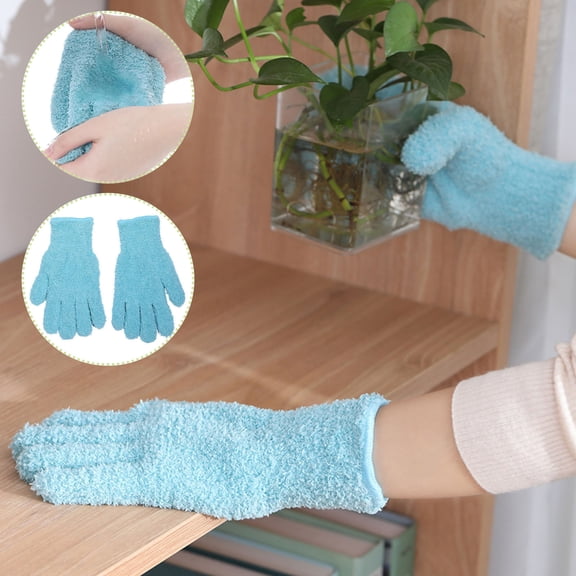 MMJ Cleaning Gloves Microfiber Reusable Dusting Mitts Washable Fluffy for Car Kitchen Home Window Blue 1 Pair