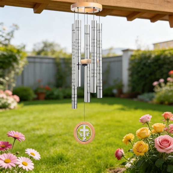 MMJ Crossed Scripture Wind Chime 32.28in Aluminum Tube Memorial Bells with Wooden Frame Religious Sympathy Garden