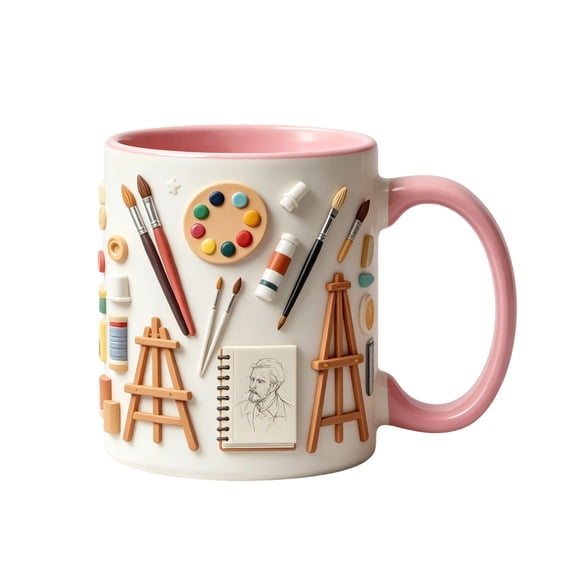 MMJ Daily Necessities Pattern Ceramic Coffee Mug with Pink Inside 11oz for Tea Coffee Gift