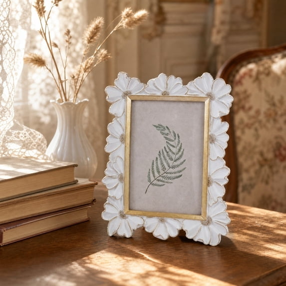 MMJ Daisy Gold Trim Picture Frame European Style Carved Resin Photo Display Tabletop Wall Decor 9.45x7.87in White Black