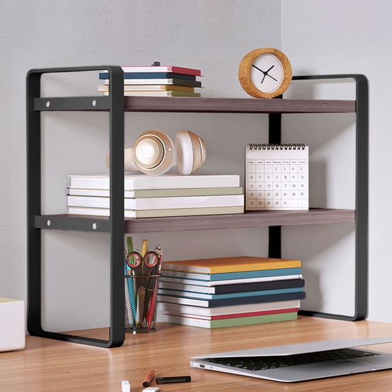 MMJ Desktop Bookshelf Double Tier Wooden Organizer Rack Study Office Home Display Storage Brown 14.17x11.81x7.87in