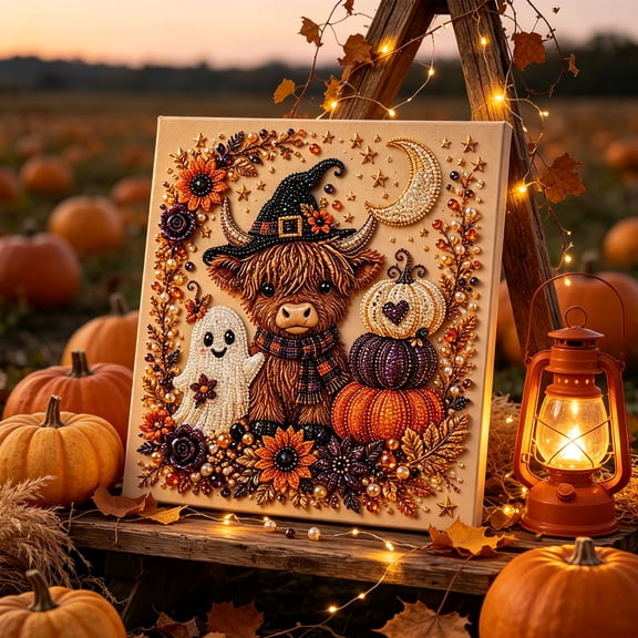 MMJ Diamond Art Kits for Adults, Halloween Cow Ghost Partial Special Shape Drill Art, Pearl Beads, 7.87x7.87in