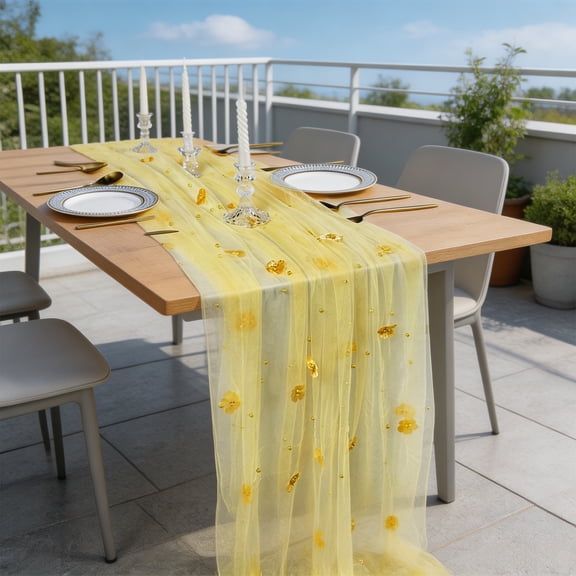 MMJ Embroidered Net Sheer Table Runner Pearl Flower Pattern Tulle Gauze Wedding Birthday Party Decor 11.81x108.27in