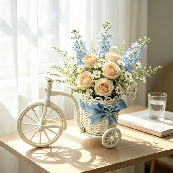MMJ Faux Rattan Tricycle Shaped Basket Flower Fruit Storage Organizer 9.84x6.69in Wedding Party Photography Prop Home Decor