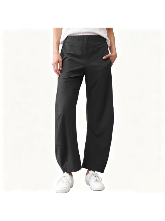 Flowy Pants for Women Nylon Solid Elastic Waist Minimalist Straight Leg Casual Loose Fit Trousers with Pockets