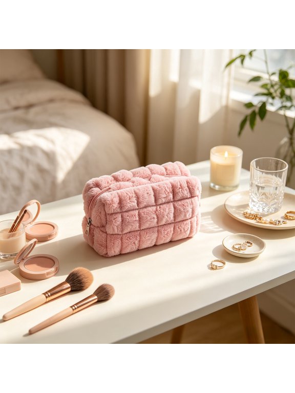 Fluffy Makeup Bag Zipper Pouch Cloth 7.09x3.94x3.94in Plush Soft Cosmetic Storage Travel Organizer Handbag Home Accessory