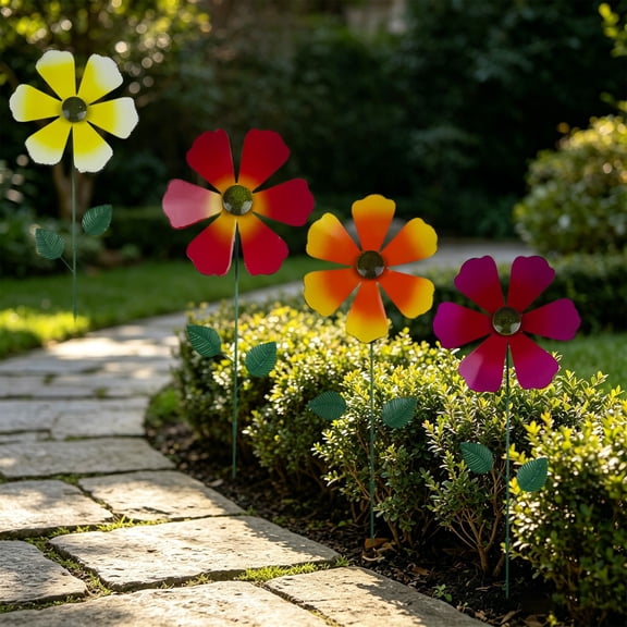 MMJ Garden Stake Iron Flower Wind Spinner Set of 4 Whirligig Outdoor Yard Art Ground Insert 22.83x6.30in